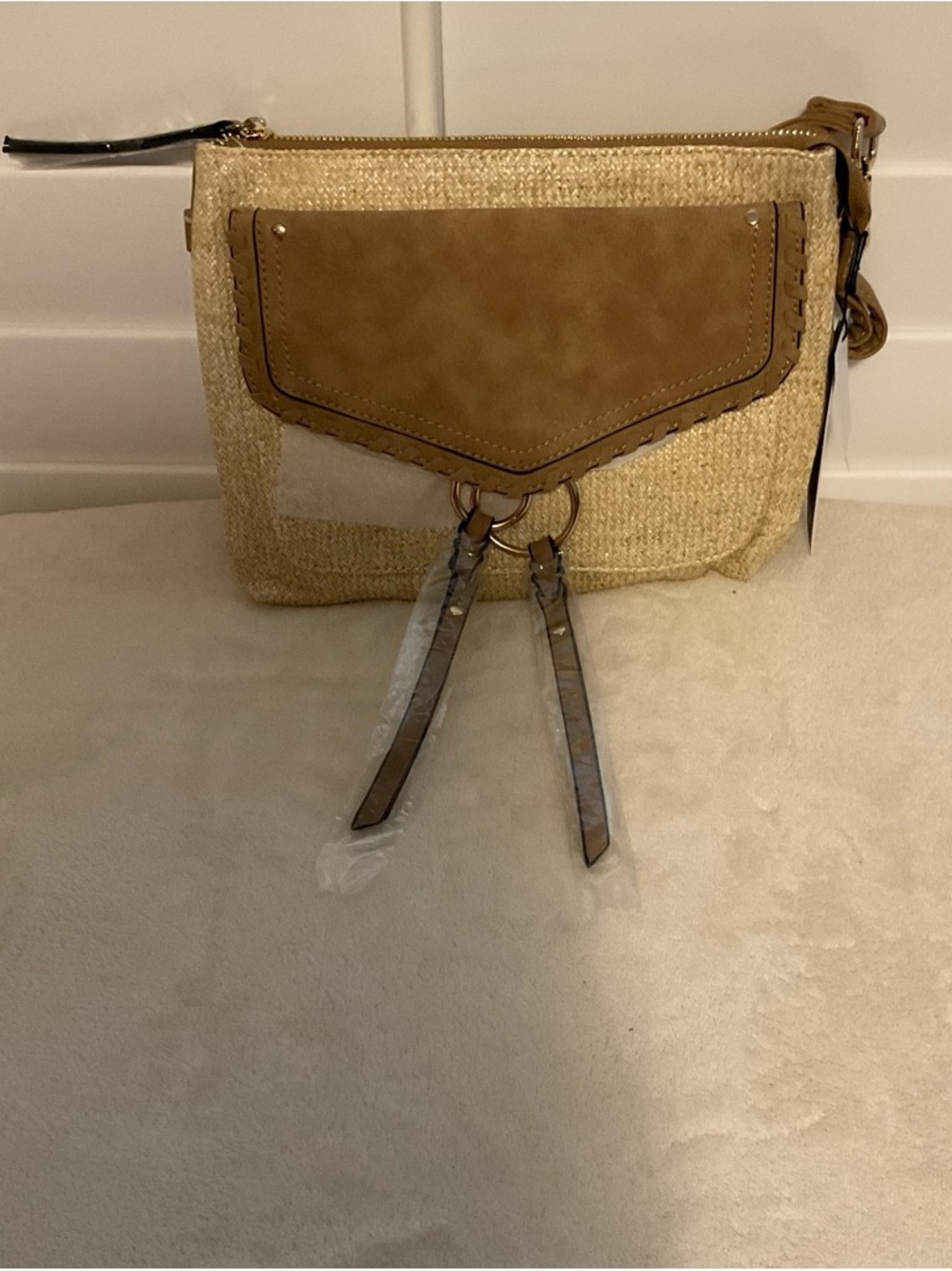 Crossbody Straw and Faux Leather Bag in Tan
